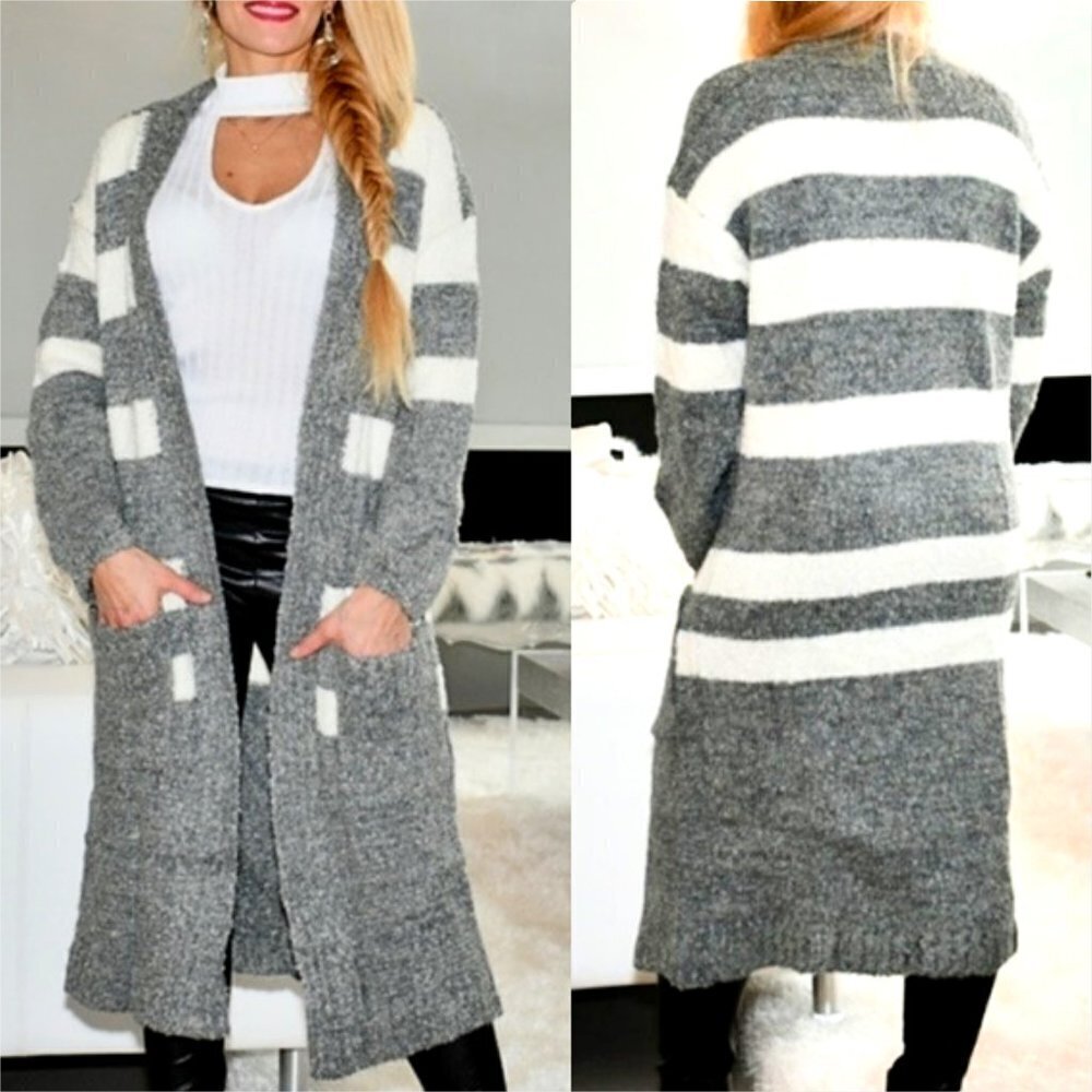 Cardigan Soft Warm Comfy Striped Long Sleeve Carid